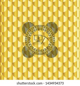 bitcoin mining icon inside shiny golden emblem. Scales pattern. Vector Illustration. Detailed.