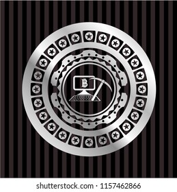 bitcoin mining icon inside silver shiny emblem
