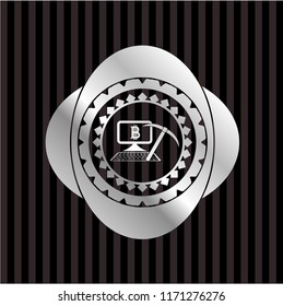 bitcoin mining icon inside silver emblem or badge