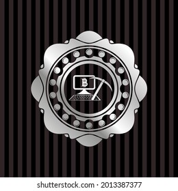 bitcoin mining icon inside silver emblem or badge. 