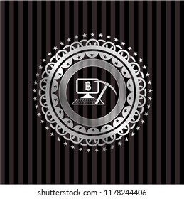 bitcoin mining icon inside silvery emblem or badge