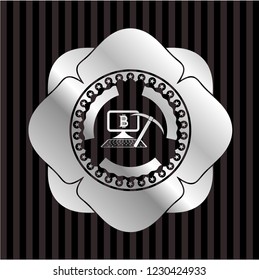 bitcoin mining icon inside silvery shiny badge