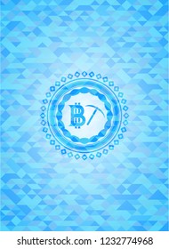 bitcoin mining icon inside sky blue emblem with mosaic ecological style background