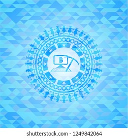 bitcoin mining icon inside sky blue mosaic emblem