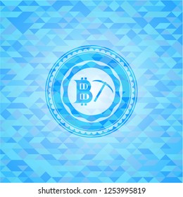 bitcoin mining icon inside sky blue emblem with triangle mosaic background