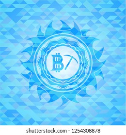 bitcoin mining icon inside sky blue emblem with mosaic background