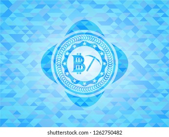 bitcoin mining icon inside sky blue emblem with mosaic ecological style background