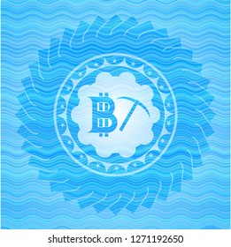 bitcoin mining icon inside sky blue water wave badge background.