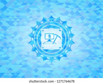 bitcoin mining icon inside sky blue emblem with mosaic ecological style background