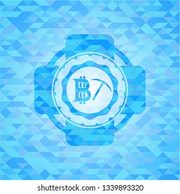 bitcoin mining icon inside sky blue emblem with triangle mosaic background