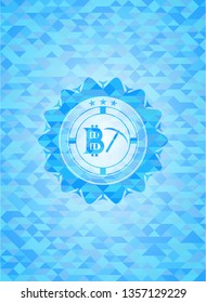 bitcoin mining icon inside sky blue emblem. Mosaic background