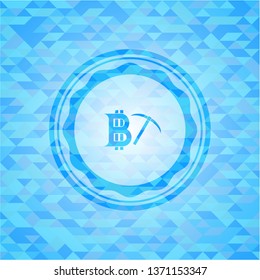 bitcoin mining icon inside sky blue emblem with mosaic ecological style background