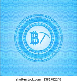bitcoin mining icon inside sky blue water emblem background.