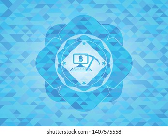 bitcoin mining icon inside sky blue emblem with mosaic ecological style background