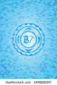 bitcoin mining icon inside sky blue emblem. Mosaic background