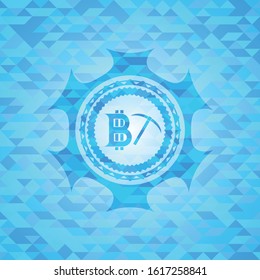 bitcoin mining icon inside sky blue emblem with mosaic background