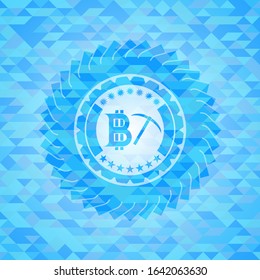 bitcoin mining icon inside sky blue emblem. Mosaic background