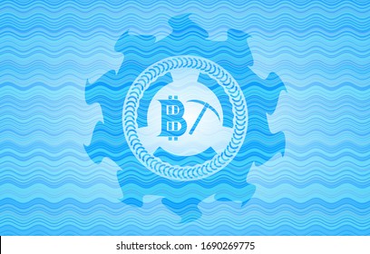 bitcoin mining icon inside sky blue water wave emblem.