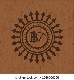 bitcoin mining icon inside vintage wood emblem