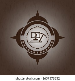 bitcoin mining icon inside vintage wood emblem
