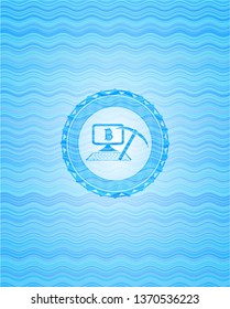 bitcoin mining icon inside water wave representation badge background.