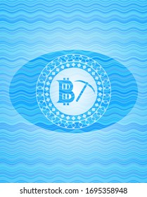 bitcoin mining icon inside water style badge.