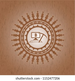 bitcoin mining icon inside wood emblem