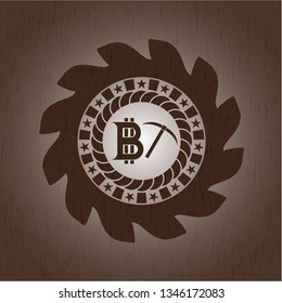 bitcoin mining icon inside wood emblem. Vintage.