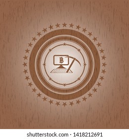 bitcoin mining icon inside wood badge or emblem