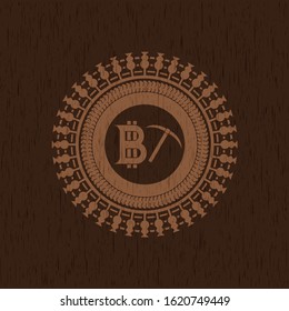 bitcoin mining icon inside wood emblem. Vintage.