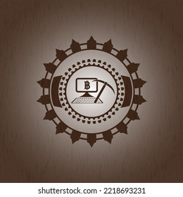 Bitcoin-Minen-Symbol in Holzsignaturen. 