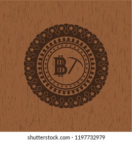 bitcoin mining icon inside wooden emblem