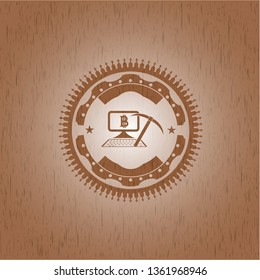 bitcoin mining icon inside wooden emblem. Vintage.