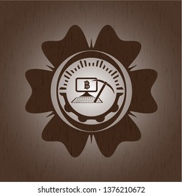 bitcoin mining icon inside wooden emblem. Retro