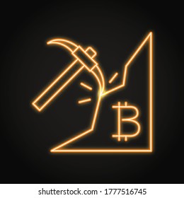 Bitcoin mining icon in neon line style. Cryptocurrency production concept. Vector illustration.