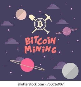 Bitcoin mining icon on abstract cartoon background