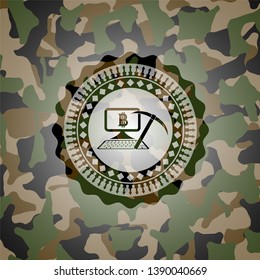bitcoin mining icon on camo texture