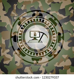 bitcoin mining icon on camouflage texture