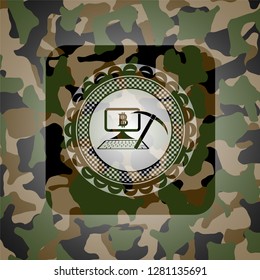 bitcoin mining icon on camouflage pattern
