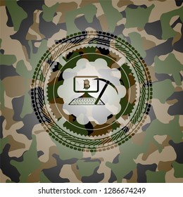 bitcoin mining icon on camouflaged pattern