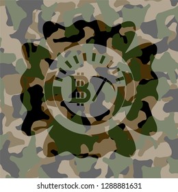 bitcoin mining icon on camouflaged texture