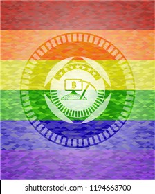 bitcoin mining icon on mosaic background with the colors of the LGBT flag
