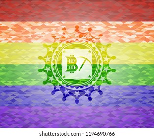 bitcoin mining icon on mosaic background with the colors of the LGBT flag