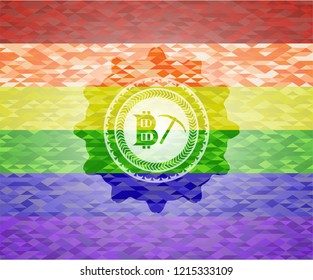 bitcoin mining icon on mosaic background with the colors of the LGBT flag