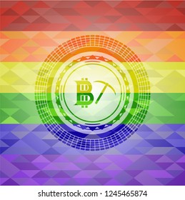bitcoin mining icon on mosaic background with the colors of the LGBT flag