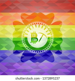 bitcoin mining icon on mosaic background with the colors of the LGBT flag