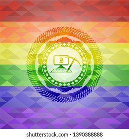 bitcoin mining icon on mosaic background with the colors of the LGBT flag