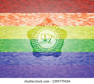 bitcoin mining icon on mosaic background with the colors of the LGBT flag