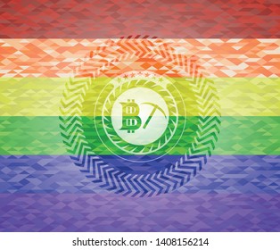 bitcoin mining icon on mosaic background with the colors of the LGBT flag