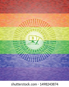 bitcoin mining icon on mosaic background with the colors of the LGBT flag
